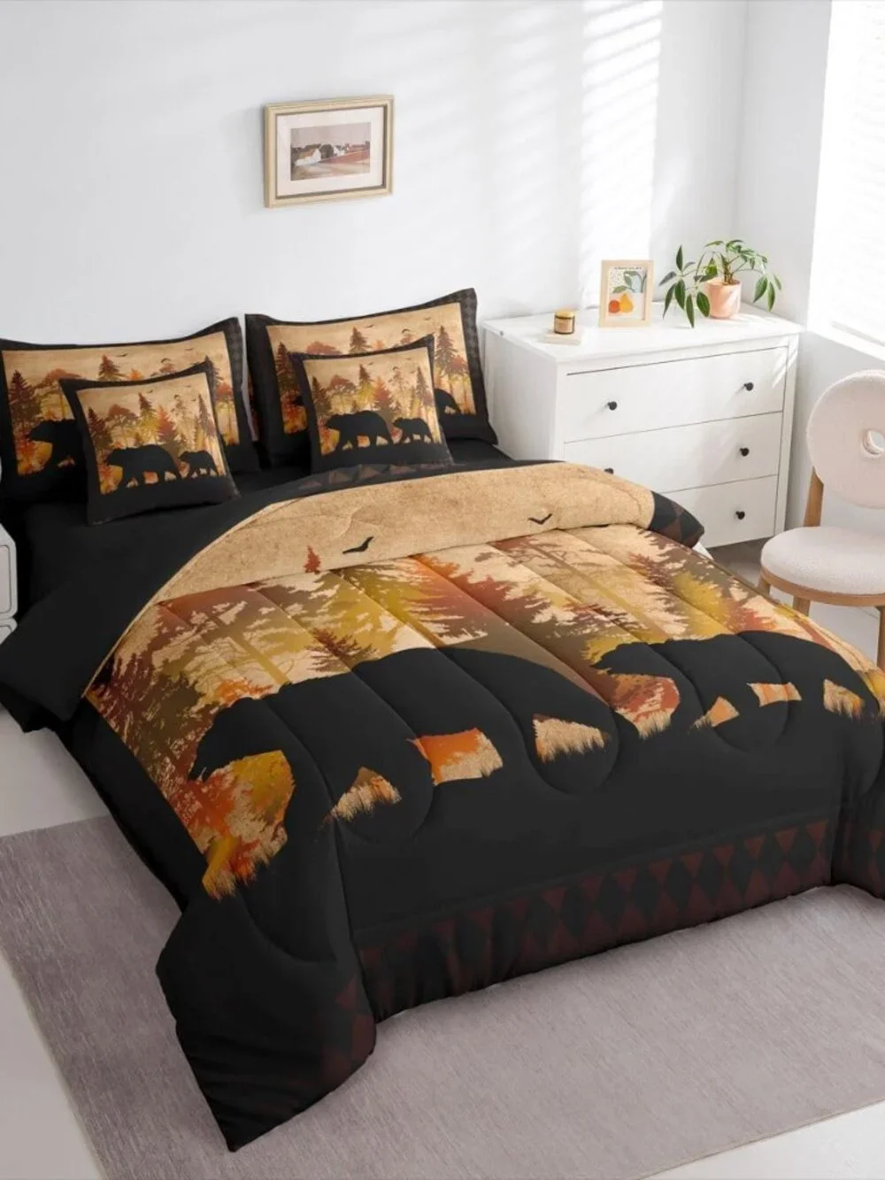 Bear Comforter Set Queen 7 Piece Bed In A Bag, Boys Cabin Lodge Decor Bedding Se